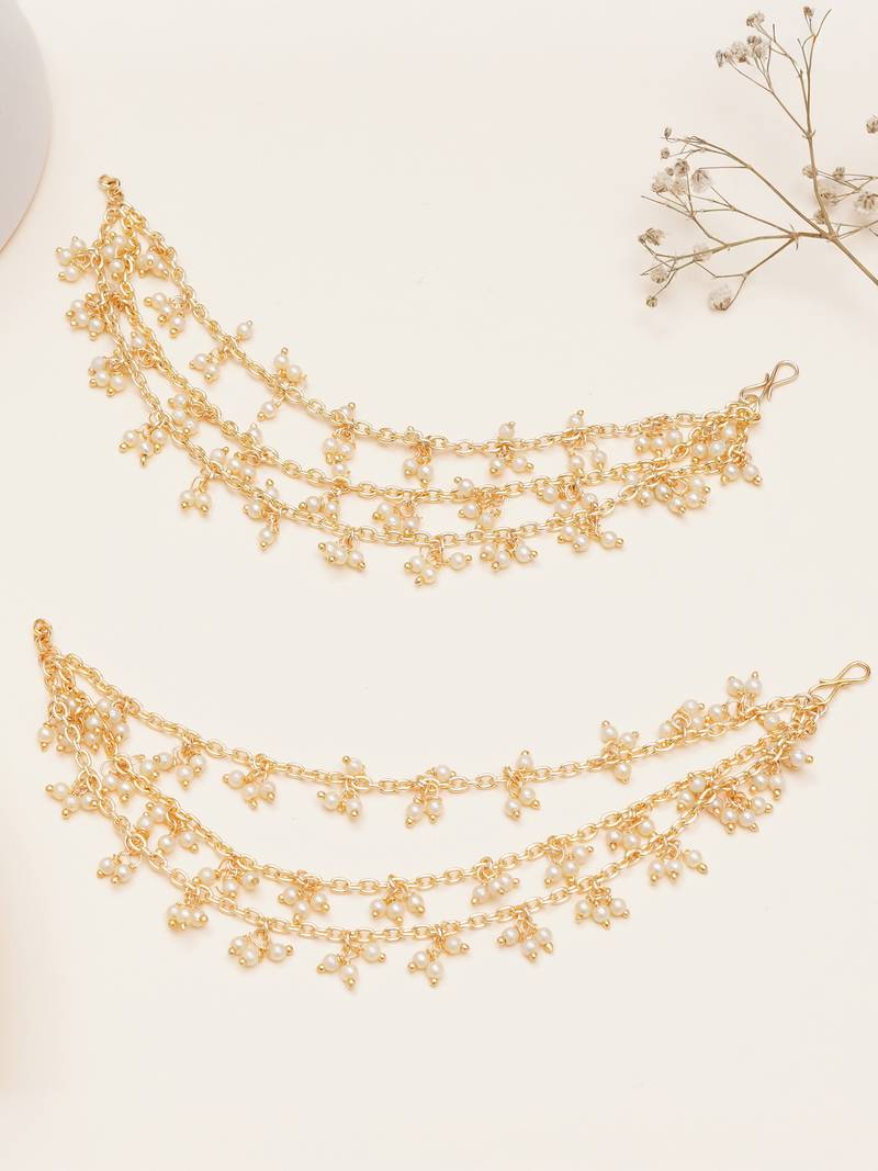 gold alloy hair chain with pearl cluster layered work