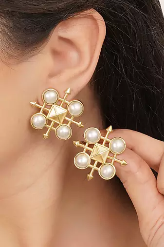 white brass earrings with pearl geometric work