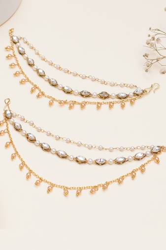 gold alloy hair chain with kundan pearl layered work