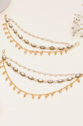 gold alloy hair chain with kundan pearl layered work