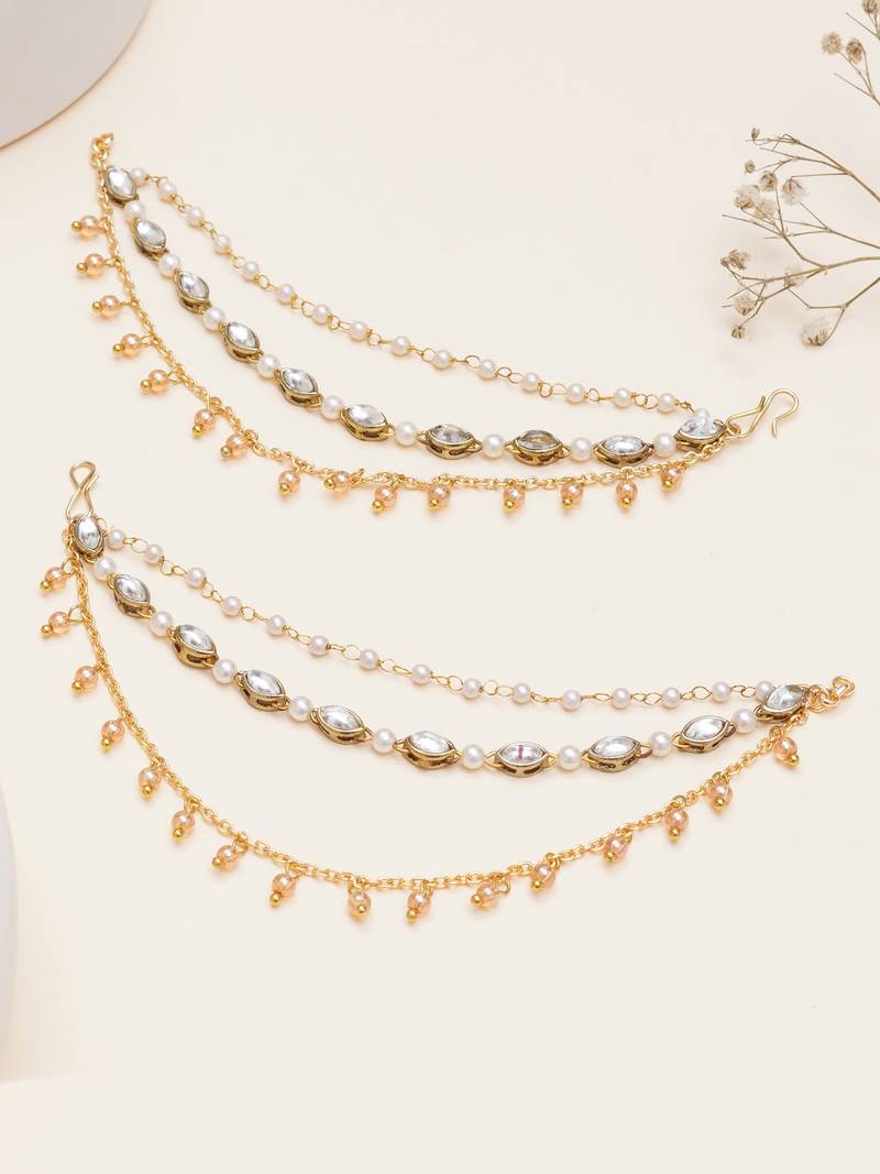gold alloy hair chain with kundan pearl layered work