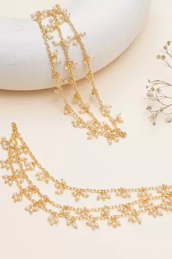 gold alloy hair chain with pearl cluster layered work