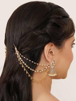gold alloy hair chain with kundan pearl layered work 2