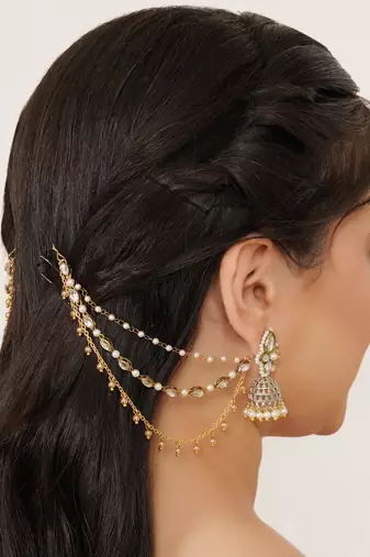 gold alloy hair chain with kundan pearl layered work