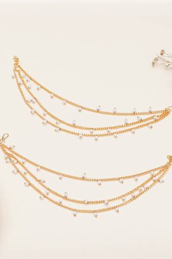 gold alloy hair chain with pearl cascade work design