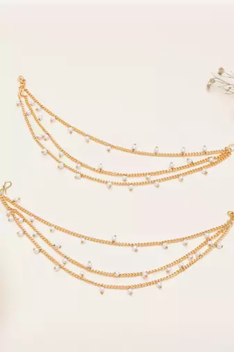 gold alloy hair chain with pearl cascade work design