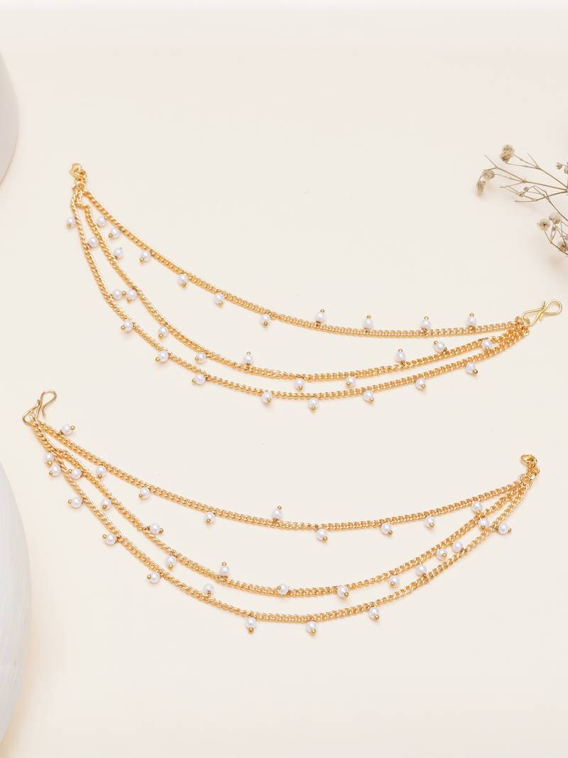 gold alloy hair chain with pearl cascade work design