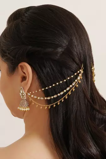 gold alloy hair chain with kundan pearl layered work