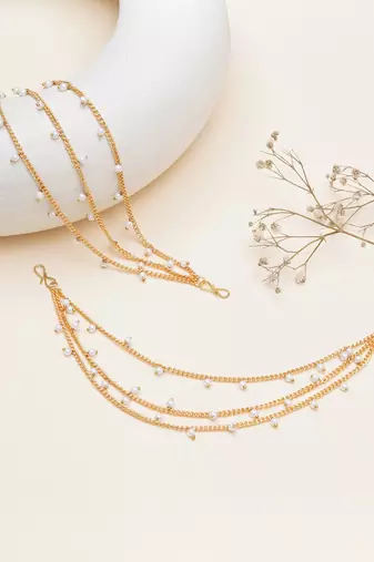 gold alloy hair chain with pearl cascade work design