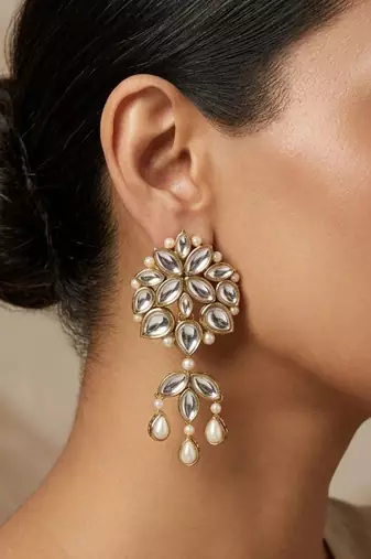 white alloy earrings with kundan pearl layered chandelier