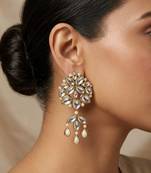 white alloy earrings with kundan pearl layered chandelier