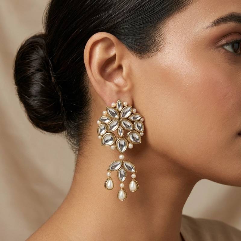 white alloy earrings with kundan pearl layered chandelier