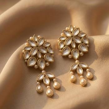 white alloy earrings with kundan pearl layered chandelier 2