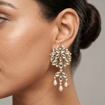 white alloy earrings with kundan pearl layered chandelier 3