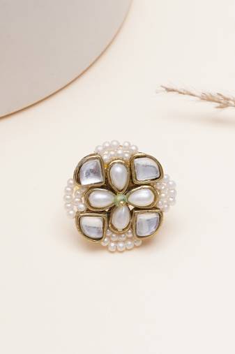 white alloy ring with kundan pearl floral work