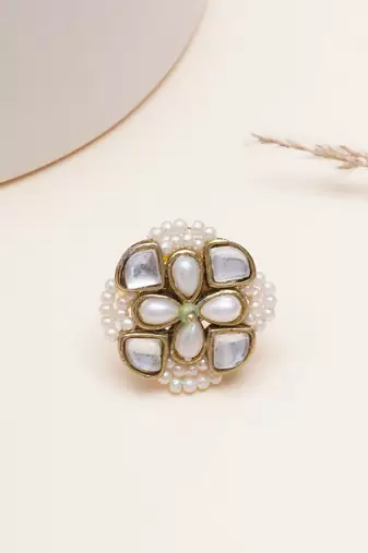white alloy ring with kundan pearl floral work