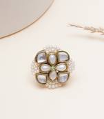 white alloy ring with kundan pearl floral work