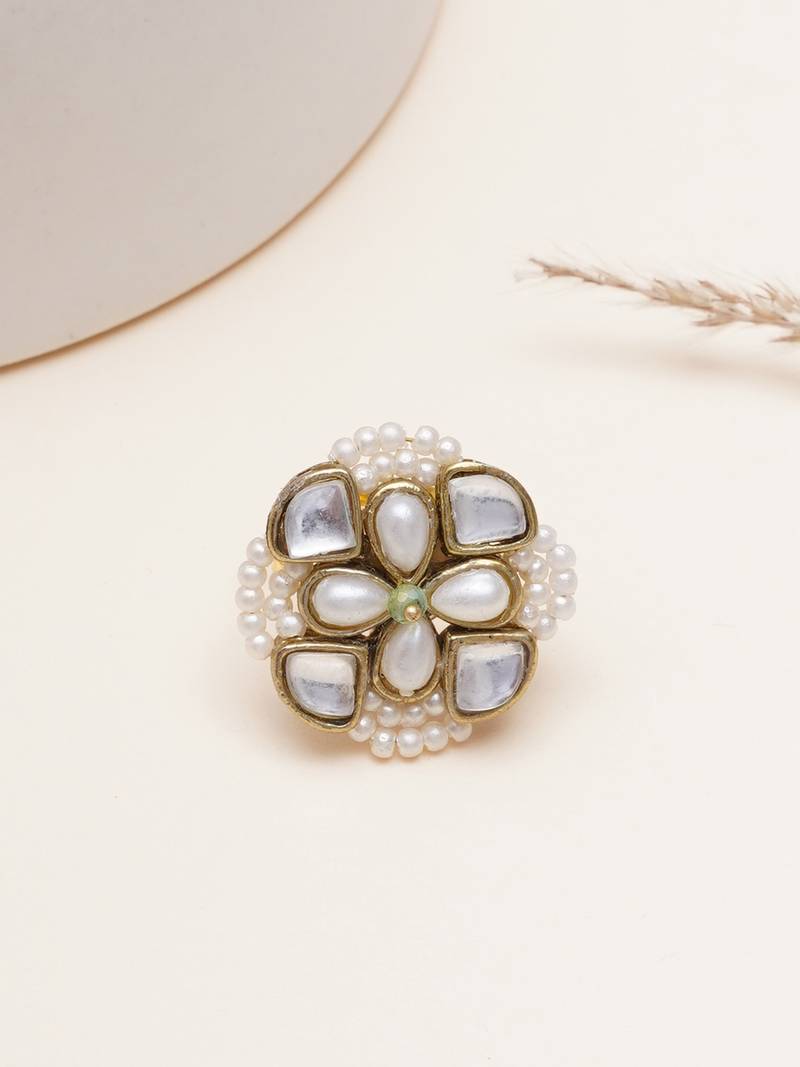 white alloy ring with kundan pearl floral work