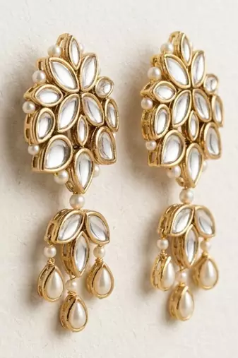 white alloy earrings with kundan pearl layered chandelier