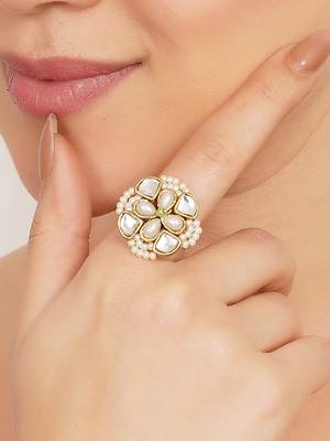 white alloy ring with kundan pearl floral work 2
