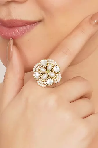 white alloy ring with kundan pearl floral work