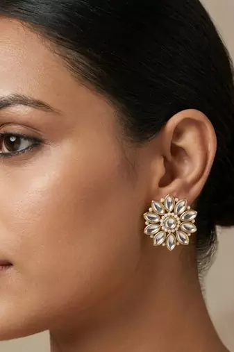white alloy studs with kundan sunflower floral work
