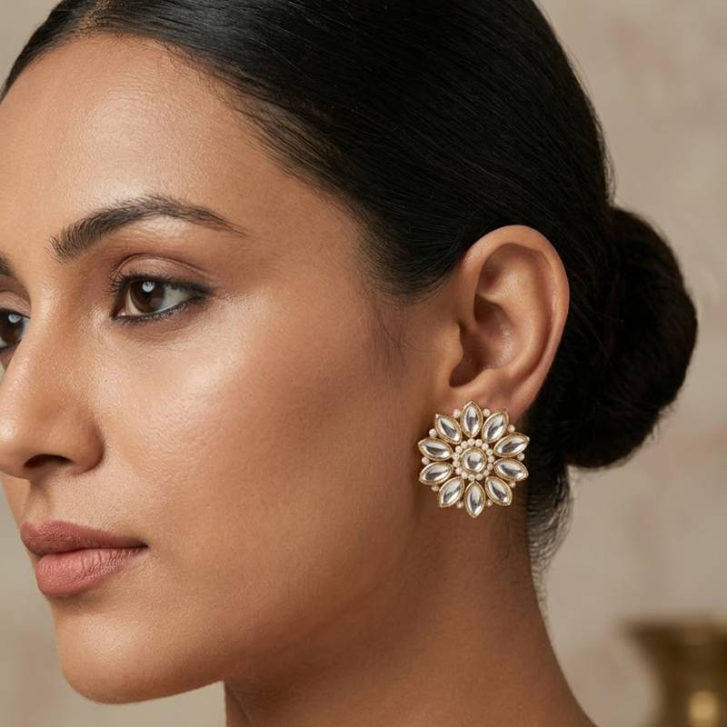 white alloy studs with kundan sunflower floral work