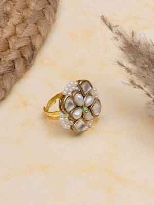 white alloy ring with kundan pearl floral work 3