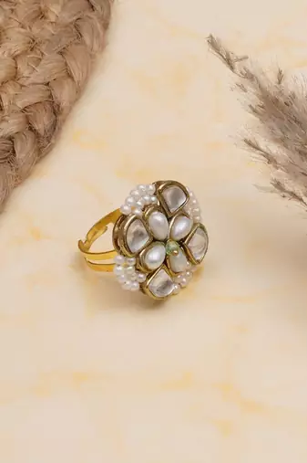 white alloy ring with kundan pearl floral work