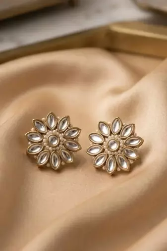 white alloy studs with kundan sunflower floral work