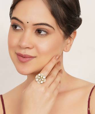 white alloy ring with kundan pearl floral work 4