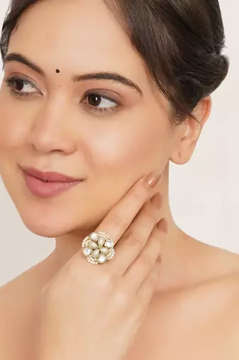 white alloy ring with kundan pearl floral work