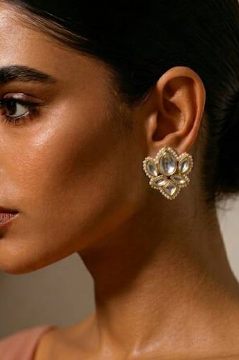 white alloy studs with kundan lotus floral work