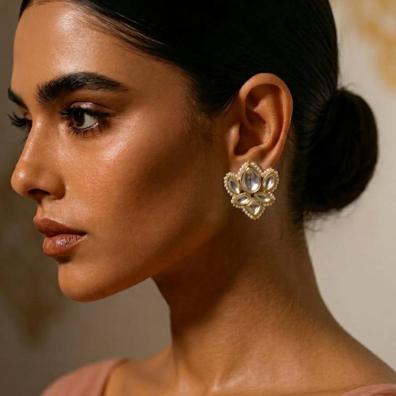 white alloy studs with kundan lotus floral work