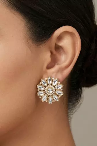 white alloy studs with kundan sunflower floral work