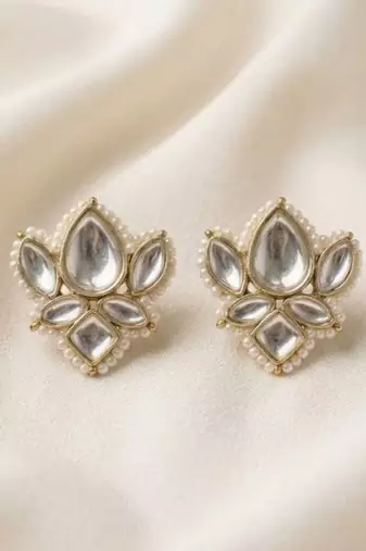 white alloy studs with kundan lotus floral work