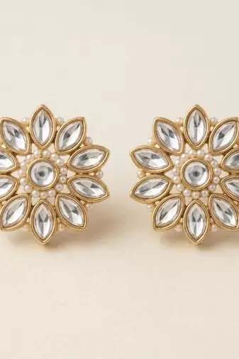white alloy studs with kundan sunflower floral work