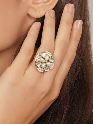 white alloy ring with kundan pearl floral work 5