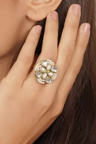 white alloy ring with kundan pearl floral work