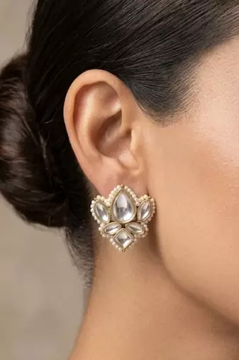 white alloy studs with kundan lotus floral work