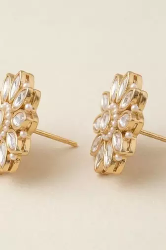 white alloy studs with kundan sunflower floral work