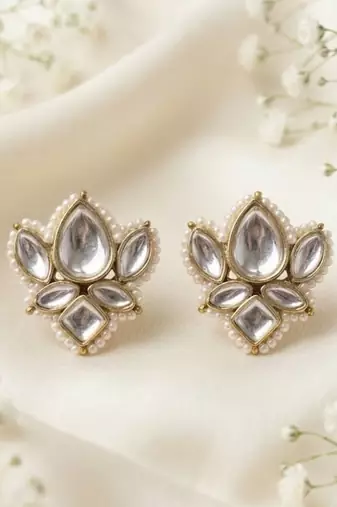 white alloy studs with kundan lotus floral work