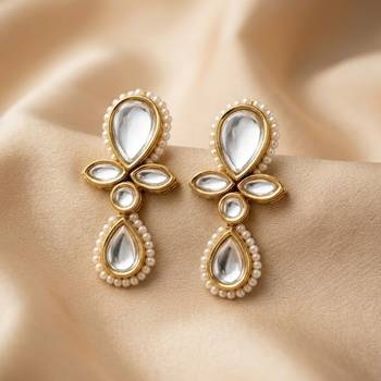 white alloy earrings with kundan pearl drop floral work 1