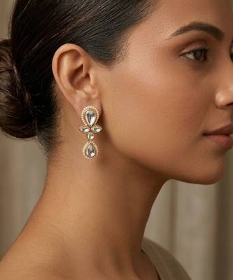 white alloy earrings with kundan pearl drop floral work 2