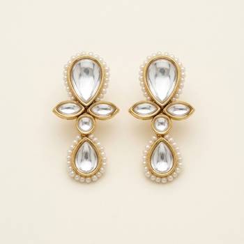 white alloy earrings with kundan pearl drop floral work 3