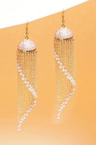 pink alloy jhumkas with meenakari chain bead work design