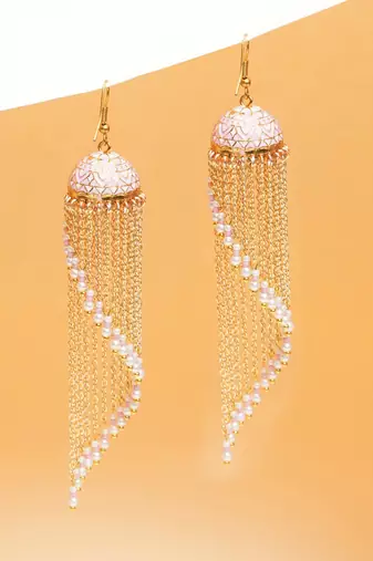 pink alloy jhumkas with meenakari chain bead work design