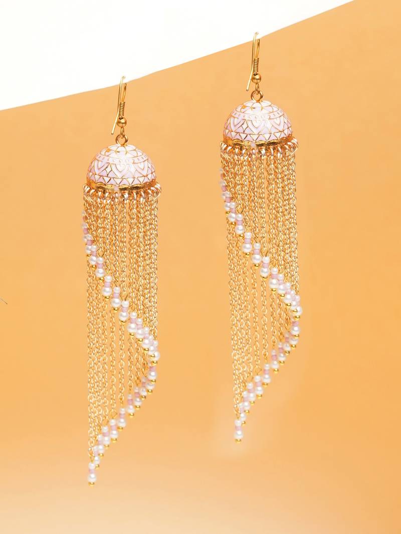 pink alloy jhumkas with meenakari chain bead work design