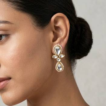 white alloy earrings with kundan pearl drop floral work 4