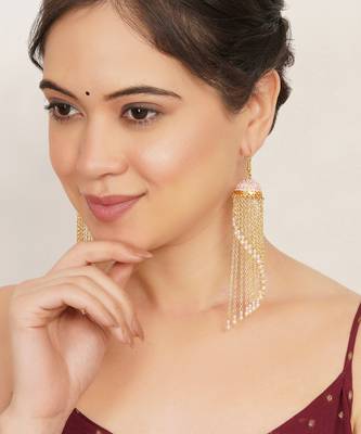 pink alloy jhumkas with meenakari chain bead work design 2